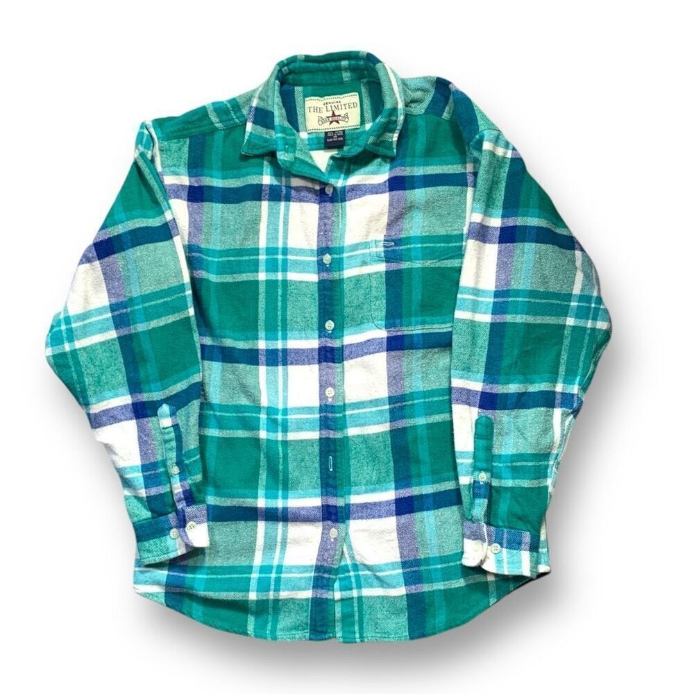 Vintage 90s Kelly Green Blue Plaid Flannel Button Front Long Sleeve Baggy Shirt